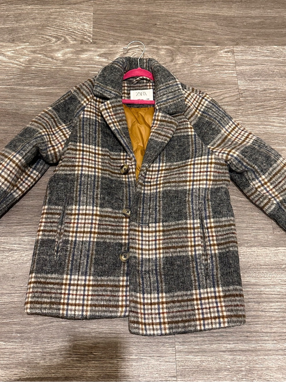 Zara Kids Gray Plaid Pea Coat with Mustard Lining